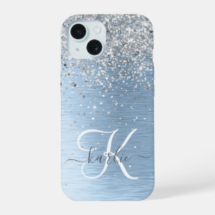 Blue Brushed Metal Silver Glitter Monogram Name iPhone 15 Hoesje