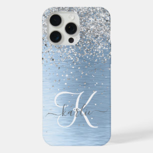 Blue Brushed Metal Silver Glitter Monogram Name iPhone 15 Pro Max Hoesje