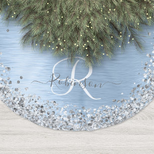 Blue Brushed Metal Silver Glitter Monogram Name Kerstboom Rok