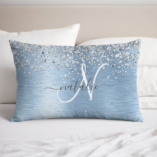 Blue Brushed Metal Silver Glitter Monogram Name Kussensloop
