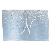 Blue Brushed Metal Silver Glitter Monogram Name Kussensloop (Voorkant)