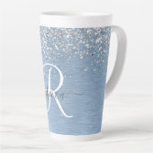 Blue Brushed Metal Silver Glitter Monogram Name Latte Mok (Rechterhoek)
