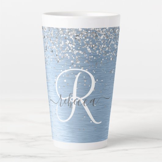 Blue Brushed Metal Silver Glitter Monogram Name Latte Mok (Voorkant)