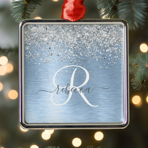 Blue Brushed Metal Silver Glitter Monogram Name Metalen Ornament