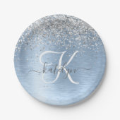 Blue Brushed Metal Silver Glitter Monogram Name Papieren Bordje (Voorkant)