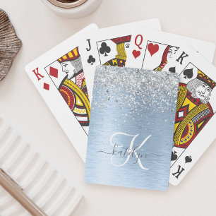 Blue Brushed Metal Silver Glitter Monogram Name Pokerkaarten