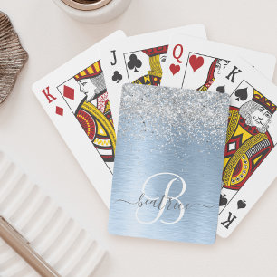 Blue Brushed Metal Silver Glitter Monogram Name Pokerkaarten