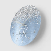 Blue Brushed Metal Silver Glitter Monogram Name Ronde Klok (Hoek)