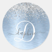 Blue Brushed Metal Silver Glitter Monogram Name Ronde Sticker (Voorkant)