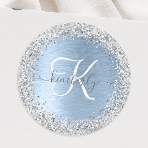 Blue Brushed Metal Silver Glitter Monogram Name Ronde Sticker