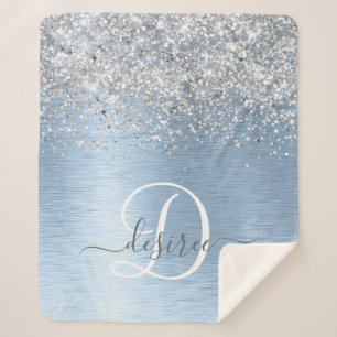 Blue Brushed Metal Silver Glitter Monogram Name Sherpa Deken