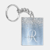 Blue Brushed Metal Silver Glitter Monogram Name Sleutelhanger (Voorkant Links)
