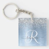 Blue Brushed Metal Silver Glitter Monogram Name Sleutelhanger (Voorkant)