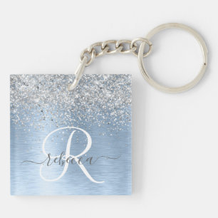 Blue Brushed Metal Silver Glitter Monogram Name Sleutelhanger