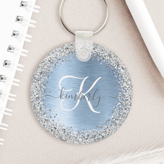Blue Brushed Metal Silver Glitter Monogram Name Sleutelhanger