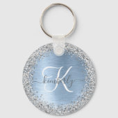 Blue Brushed Metal Silver Glitter Monogram Name Sleutelhanger (Achterkant)