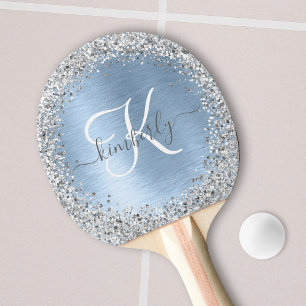 Blue Brushed Metal Silver Glitter Monogram Name Tafeltennisbatje