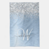 Blue Brushed Metal Silver Glitter Monogram Name Theedoek (Verticaal)