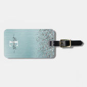 Blue Brushed Metal Silver Glitter Monogram Script Bagagelabel (Voorkant horizontaal)