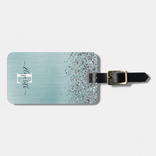 Blue Brushed Metal Silver Glitter Monogram Script Bagagelabel (Voorkant horizontaal)