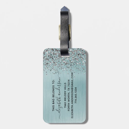 Blue Brushed Metal Silver Glitter Monogram Script Bagagelabel (Achterkant verticaal)