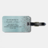 Blue Brushed Metal Silver Glitter Monogram Script Bagagelabel (Achterkant horizontaal)