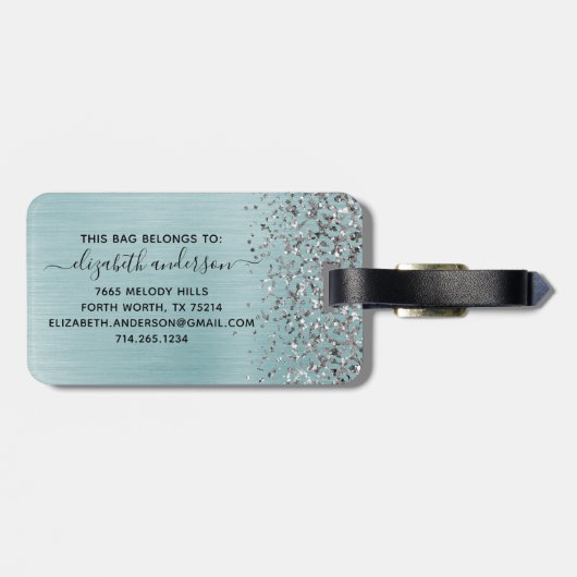 Blue Brushed Metal Silver Glitter Monogram Script Bagagelabel (Achterkant horizontaal)