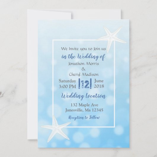 Blue Bubbles Starfish Plage Mariage Invitations (Devant)
