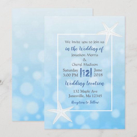 Blue Bubbles Starfish Plage Mariage Invitations (Devant / Derrière)