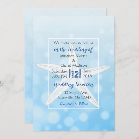 Blue Bubbles Starfish Plage Mariage Invitations (Devant / Derrière)
