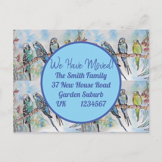 Blue Budgie Art New Address Briefkaart dat we verp (Voorkant)