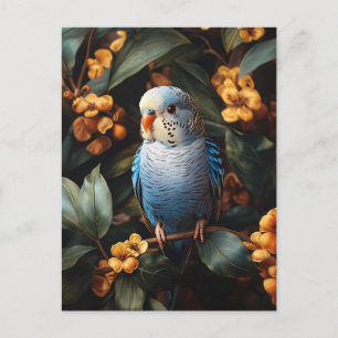 Blue Budgie Budgerigar Gele Bloemen Briefkaart