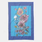 Blue Budgie Cute Whimsical Navy Blue floral Tea Theedoek (Verticaal)