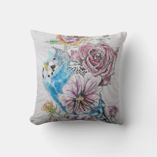 Blue Budgie en Rozen Waterverf bird Decor Cushion Kussen