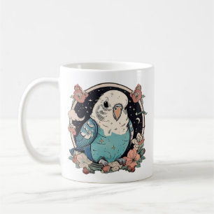 Blue Budgie Floral Print Mok   Elegante vogelliefh