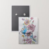 Blue Budgie Roos Flower floral Key Ring Button (Voorkant / Achterkant)