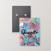 Blue Budgie Roos Flower floral Key Ring Button (Voorkant / Achterkant)