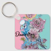 Blue Budgie Roos Flower floral Key Ring Sleutelhanger (Voorkant)