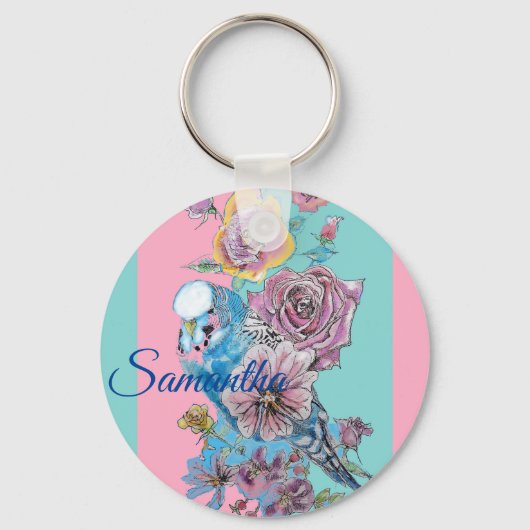 Blue Budgie & Rozen Waterverf Girls Name Key Ring Sleutelhanger (Voorkant)
