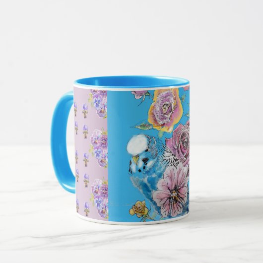 Blue Budgie Watercolor floral Dames filles Mug (Devant gauche)