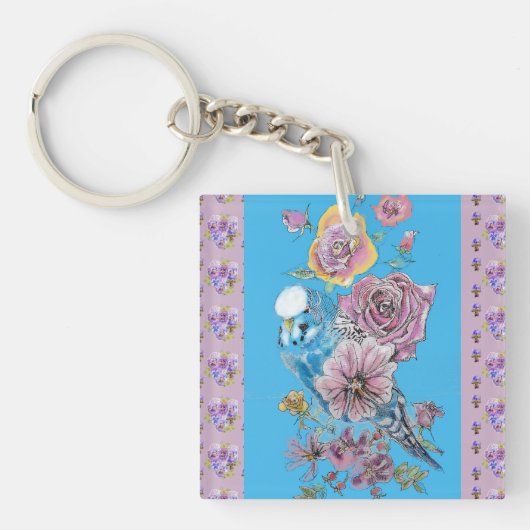 Blue Budgie Waterverf floral Dames Key Ring Sleutelhanger (voorkant)