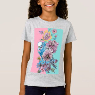 Blue Budgie Waterverf Red Roses floral art Girls T-shirt