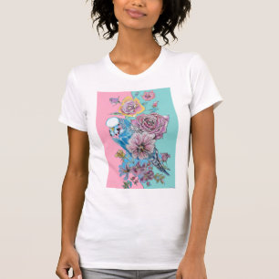 Blue Budgie Waterverf Red Roses floral art T-Shi T-shirt