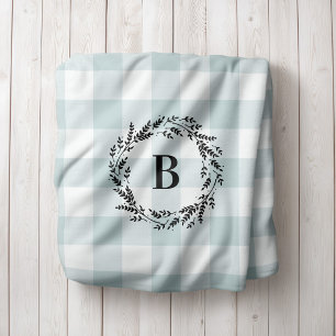 Blue Buffalo Check Wreath Monogram   Boerderij Sherpa Deken
