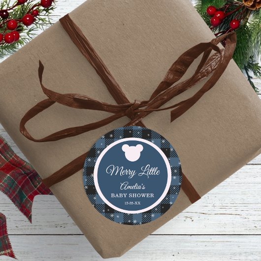 Blue Buffalo Plaid Bear Baby Shower Sticker