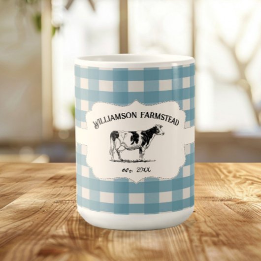 Blue Buffalo Plaid Farm Cow Coffee Mug