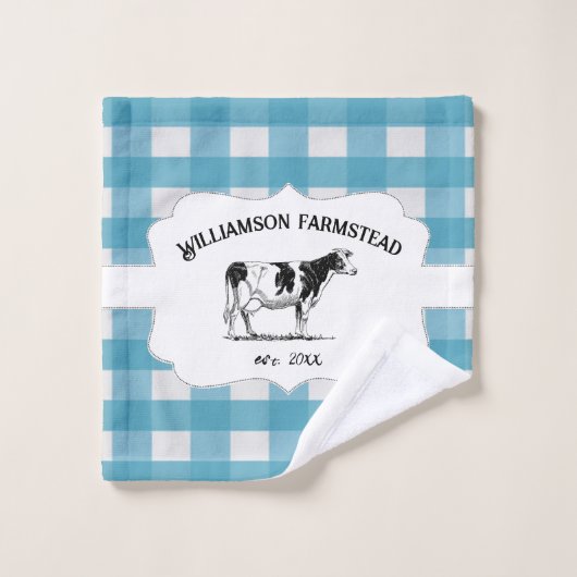 Blue Buffalo Plaid Farm Vache Serviette ensemble (Gant de toilette)
