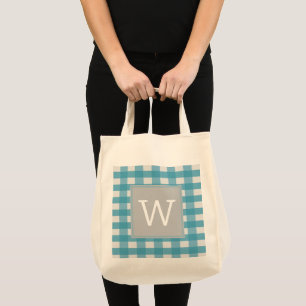 Blue Buffalo Plaid Monogram Tote Bag