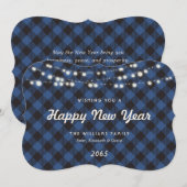 Blue Buffalo Plaid String Lights New Year Card Feestdagenkaart (Voorkant / Achterkant)