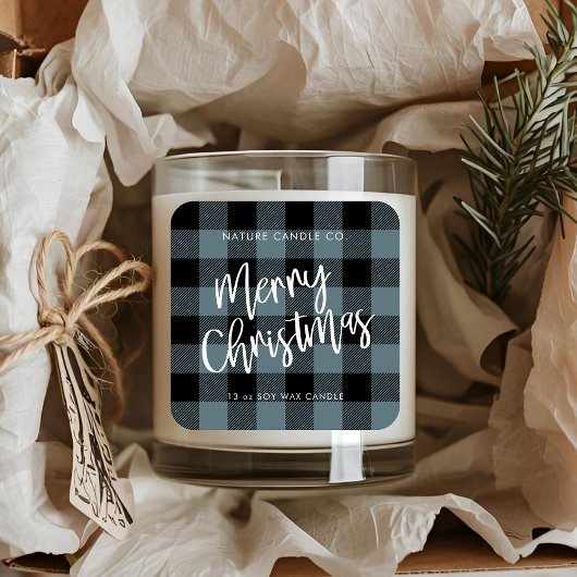 Blue Buffalo Plaid Vrolijke Kerstkaars Vierkante Sticker